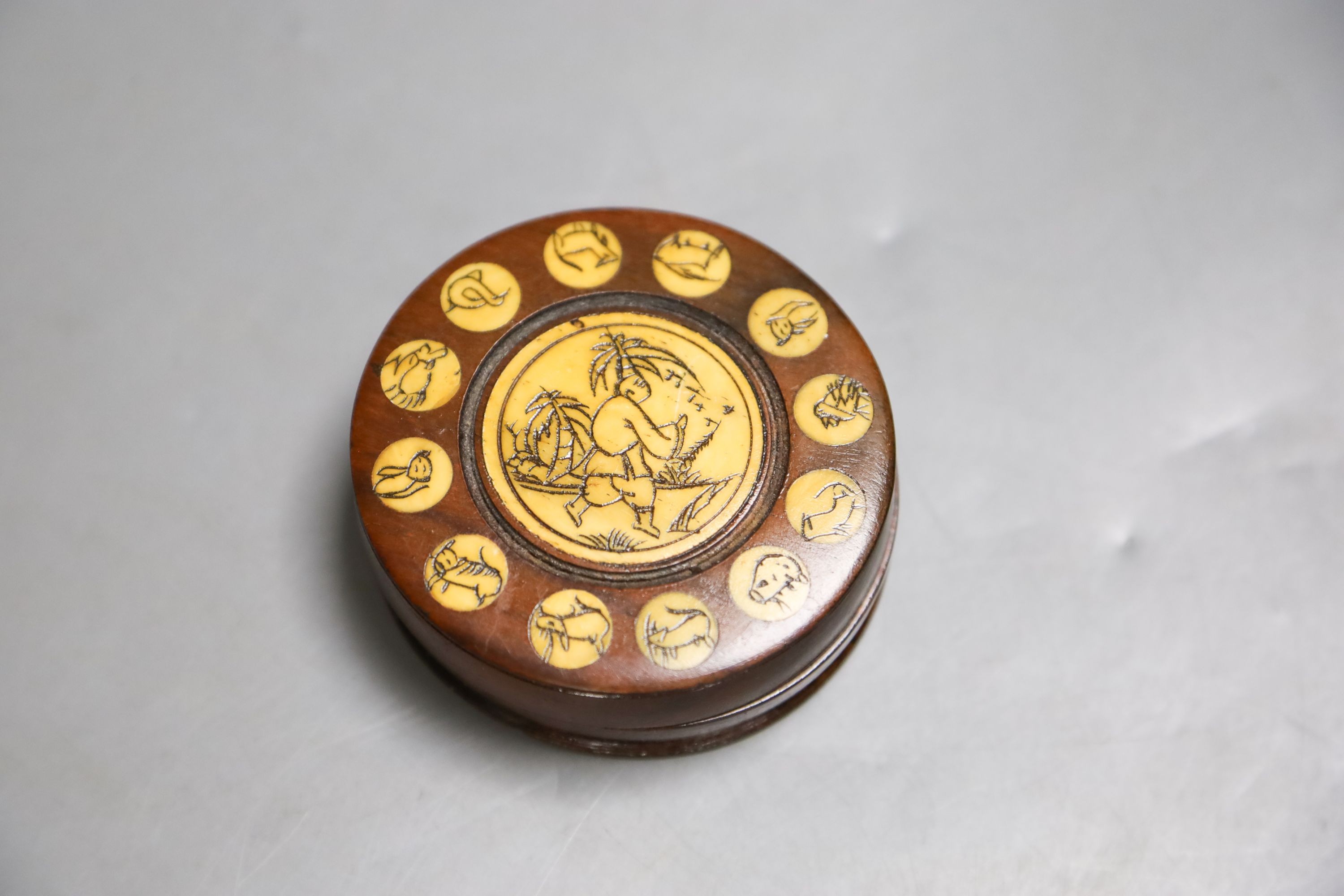 A 19th century banded burr walnut and satinwood miniature writing desk, faults, together with a Chinese fengshui hardwood compass 18cm